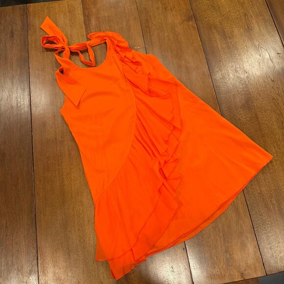 Alice + Olivia Silk Halter Backless Mini Dress Asymmetrical Ruffle Orange Sz Med - Picture 7 of 13
